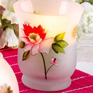 Set of 4 Frosted Glass Votive Candle Holders garden floral New in Box